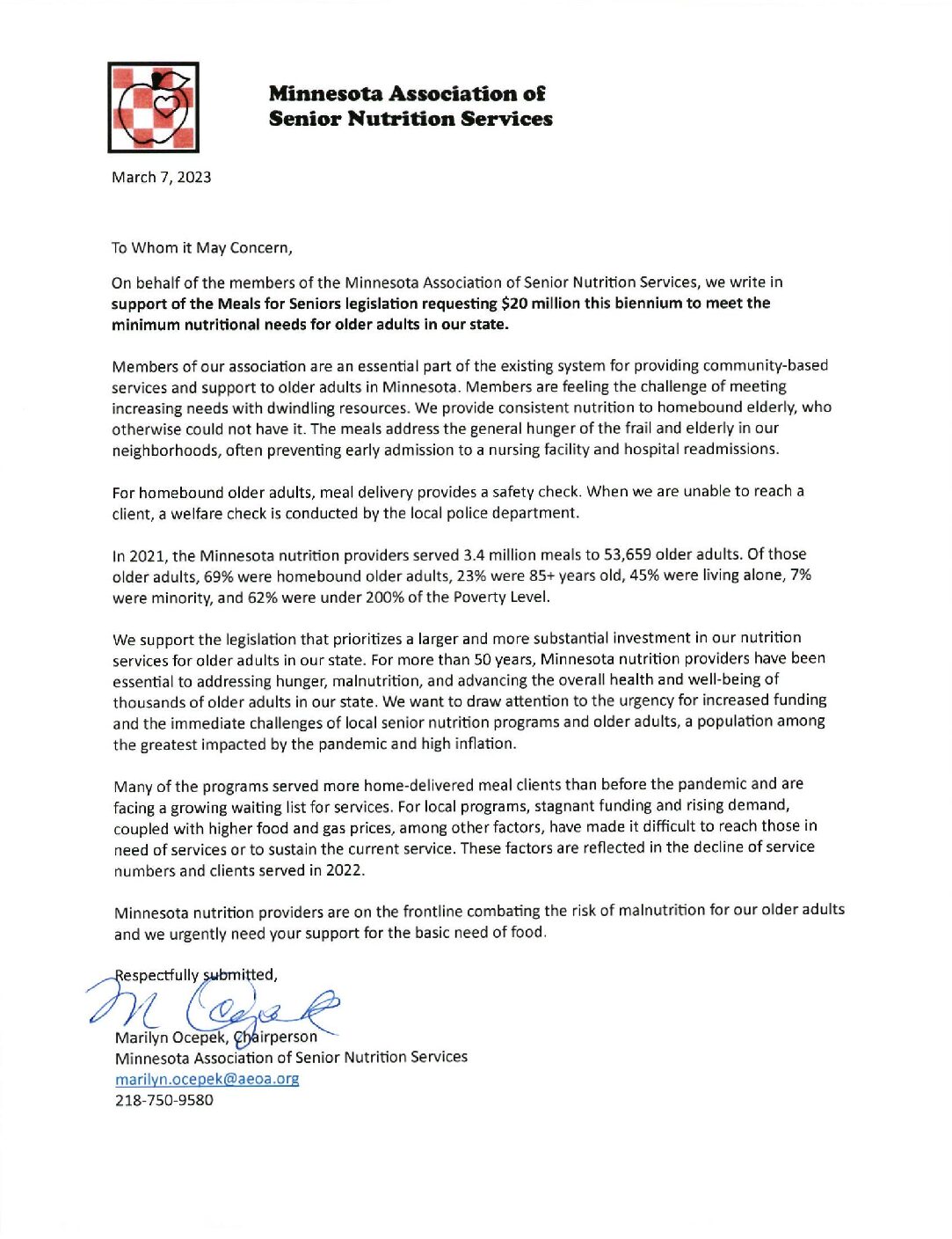 Letter of support from Minnesota Association of Senior Nutrition Services