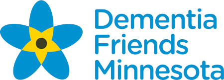 Dementia Friends Minnesota logo with five petal flower in blue with yellow center